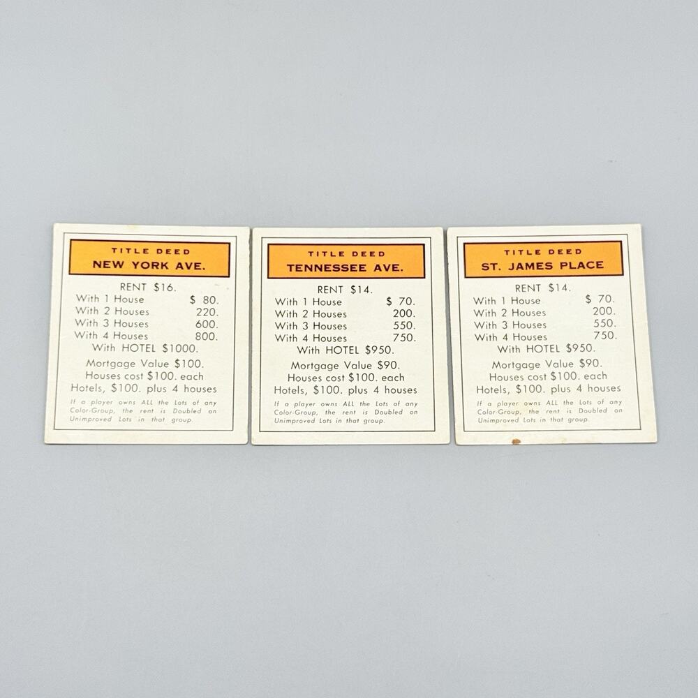 Parker Brothers 1961 Vintage Monopoly #9 Board Game Replacement 3 Orange Deeds